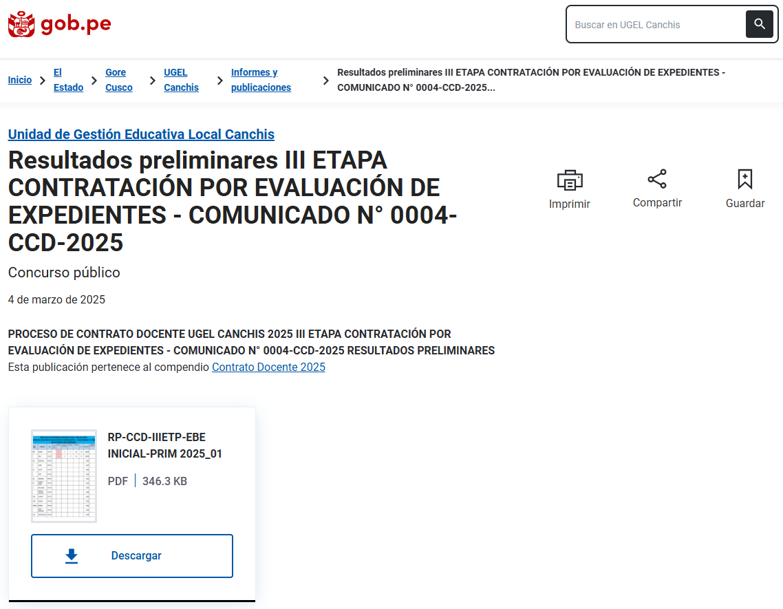 Resultados preliminares III ETAPA CONTRATACIÓN POR EVALUACIÓN DE EXPEDIENTES - COMUNICADO N° 0004-CCD-2025